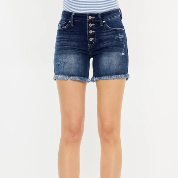 Kancan Mid Rise Button Fly Denim Shorts - Picture 1 of 9